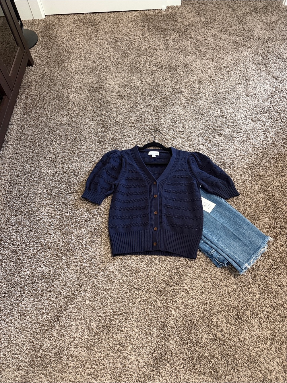 Navy Short-Sleeve V-Neck Button-Front Cardigan Sweater